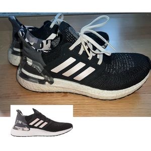 Adidas Ultraboost 20 black gray and white pattern with white replacement laces